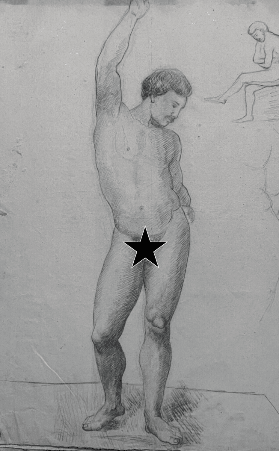 Antique Drawing Charcoal Nude Man Portrait 19th century c 1864