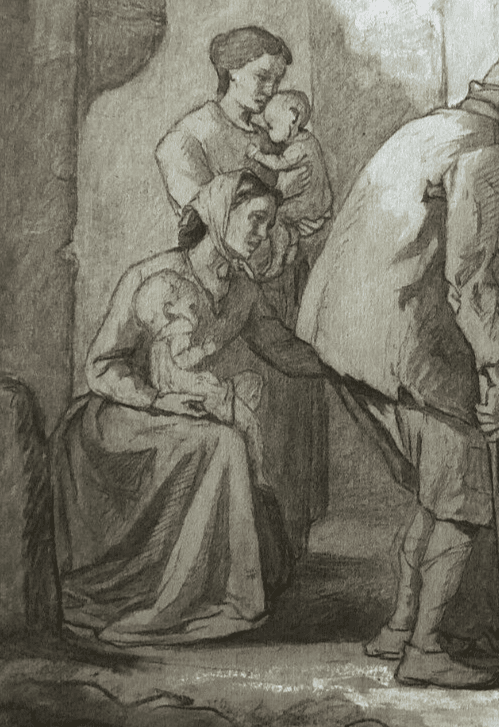 Antique Original Pencil Drawing 19th century Ink Figures, Children, Baby Artwork