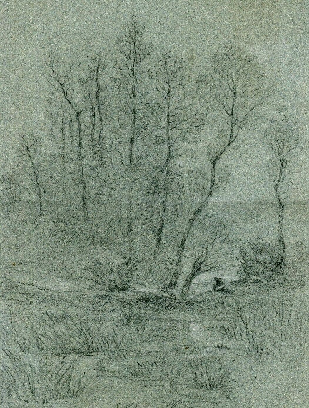 Antique Drawing Pencil signed Henri CHEVALLIER (1808-1893) Landscape, Trees 1863 image 1