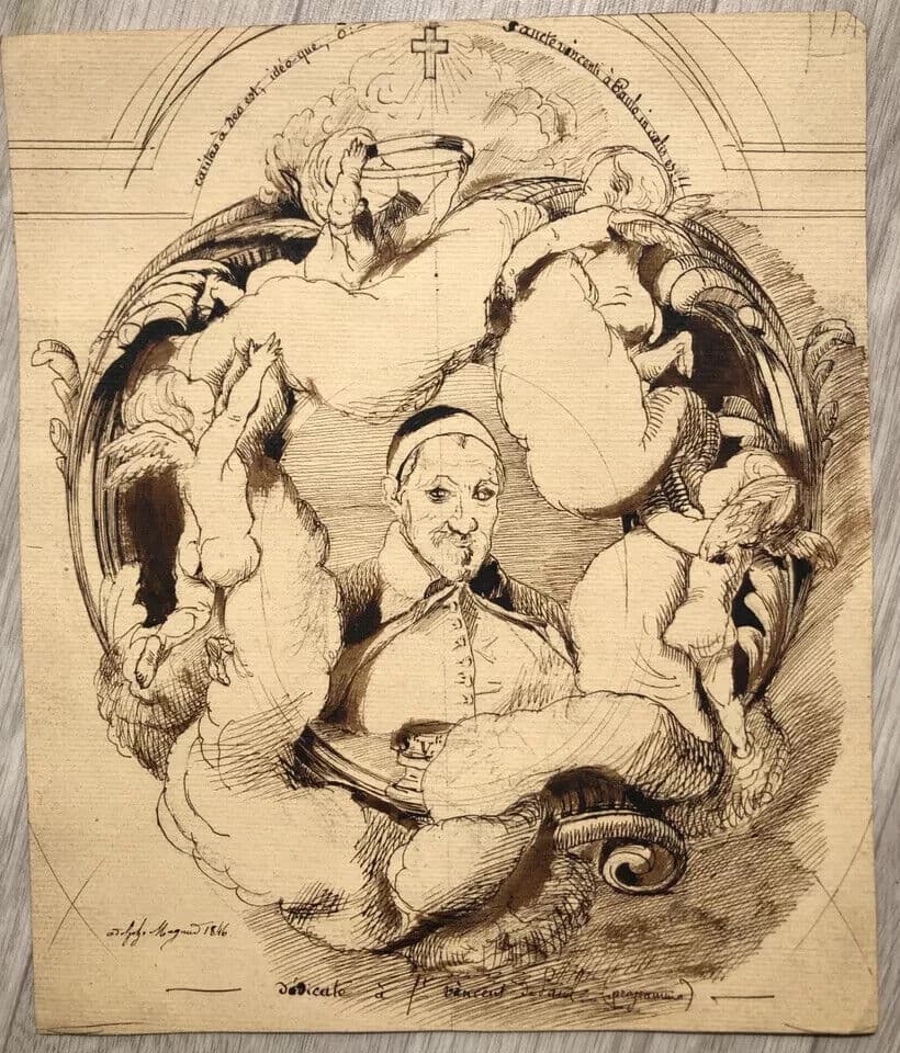 Antique Original Drawing Dominique Antoine MAGAUD (1817-1899) St Vincent de Paul image 2