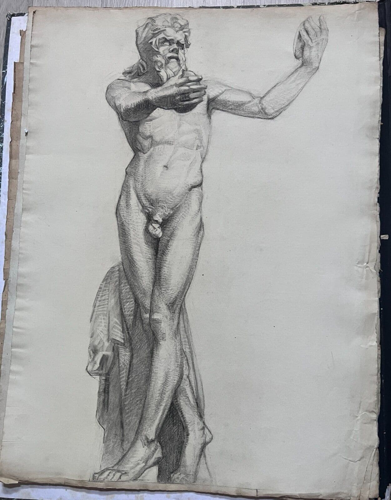 Antique Drawing Original Charcoal Portrait Nude Man Sculpture 19th century image 5