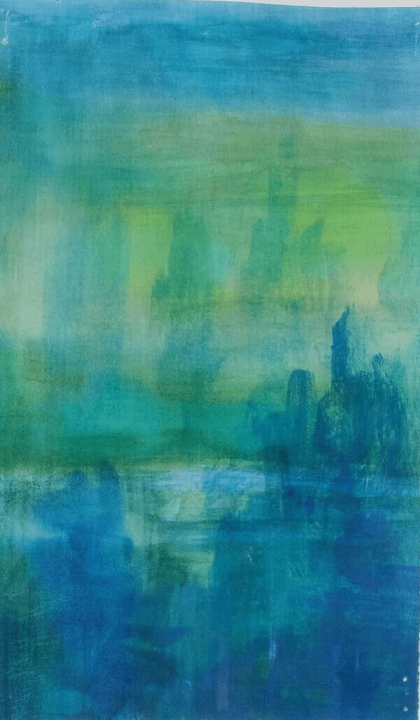 Modern Vintage Drawing Original Green and Blue Abstraction