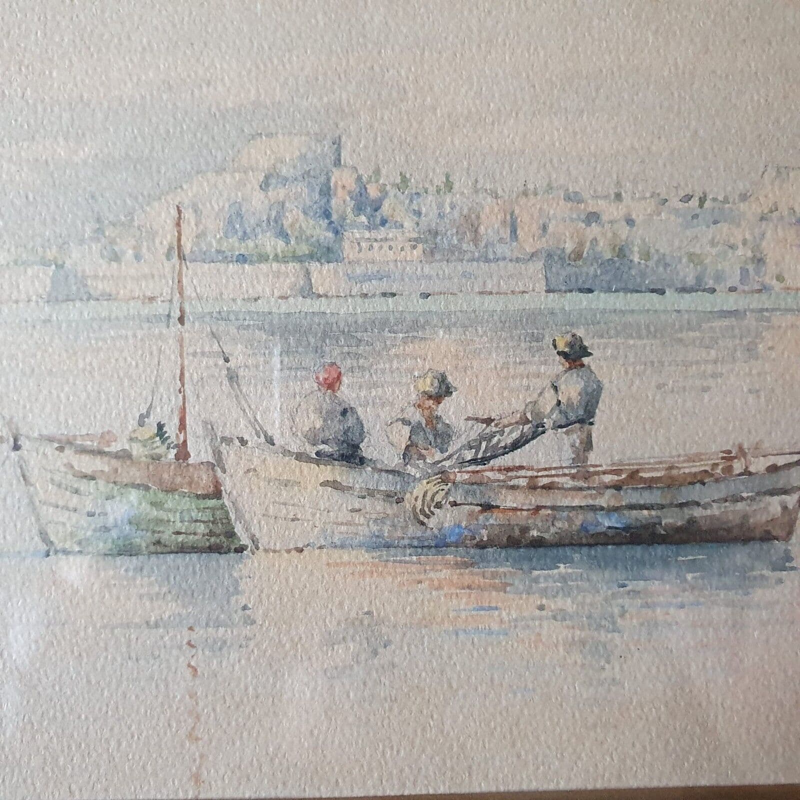 Antique Painting Original Landscape, Corfu, People, Cityview, Boat, Sea
