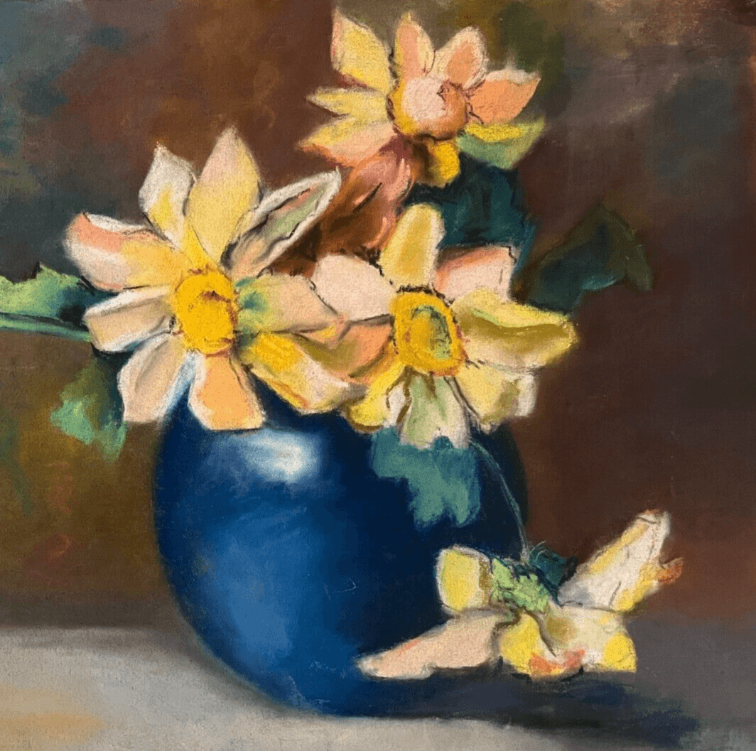 Antique Drawing Pastel Original Flowers, Floral, Plants, Roses Floral