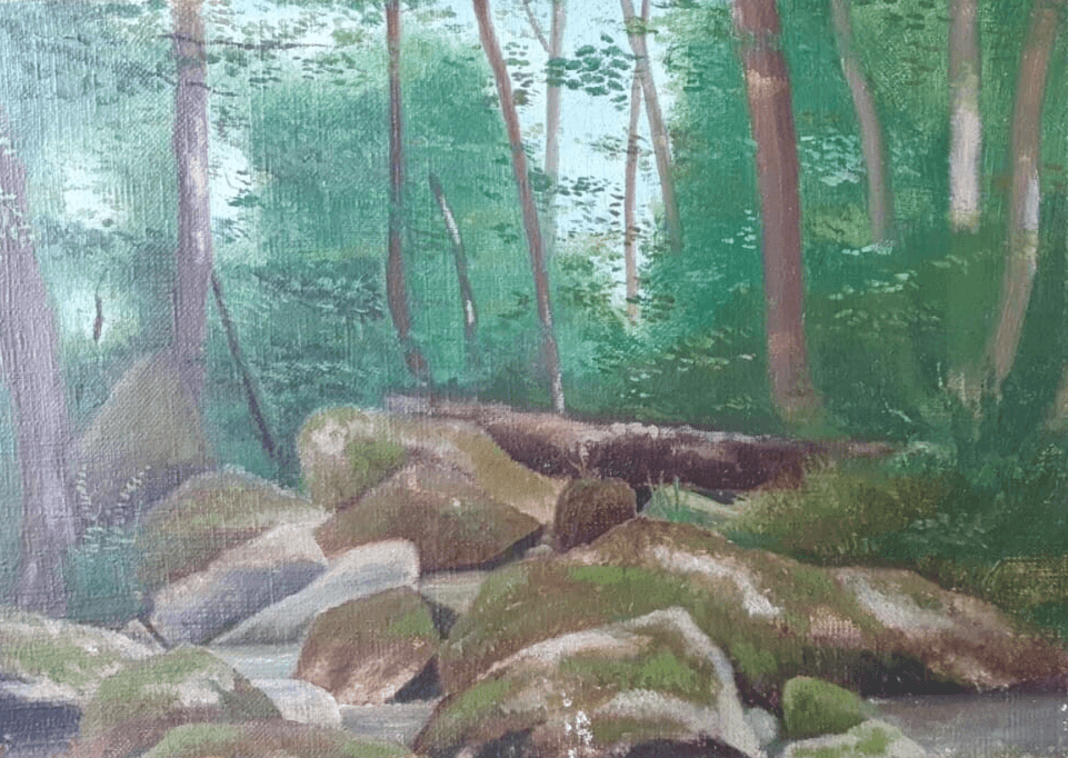 Antique Painting Original Landscape, Forest, Trees, Rocks signed image 1