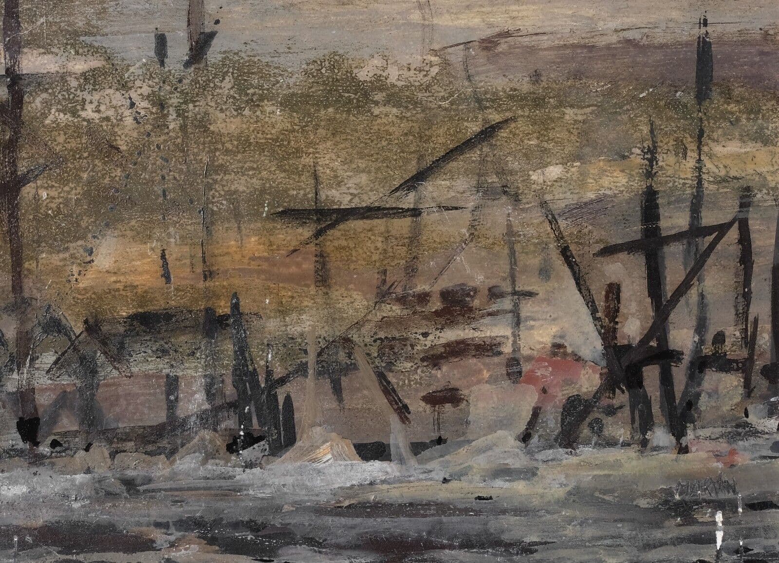 Vintage Original Painting Maritime Landscape, Boat, Port Signed Artwork