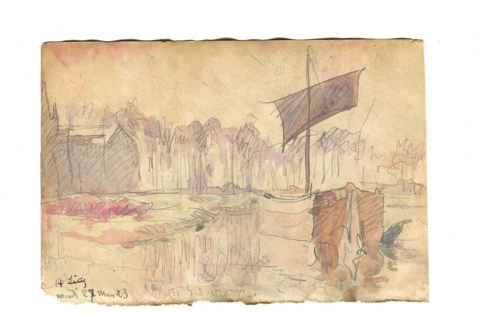 Antique Drawing Original Signed Marine, Landscape, Boats, Port, Village 1923 image 6