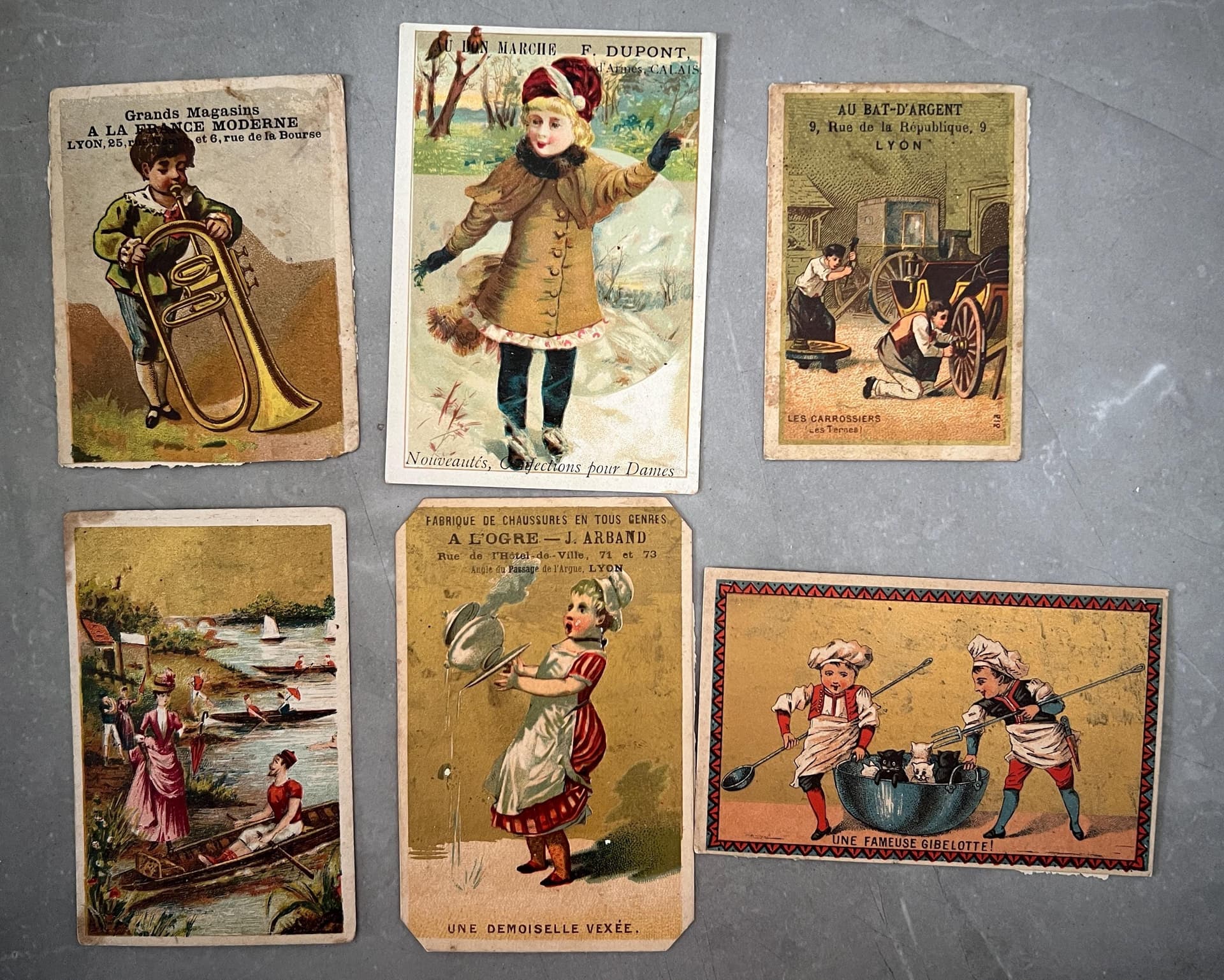 Set of 6 Antique Trade Cards - French Advertising Ephemera (Late 19th Century)