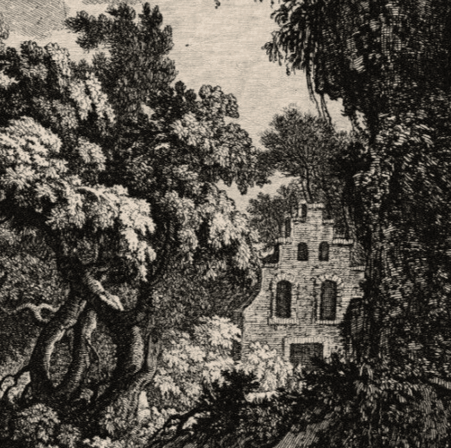 Antique Original Etching Landscape, Forest, Mountain, Trees, Cityview image 3