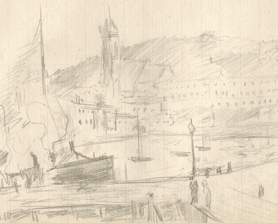 Vintage Pencil Original Drawing Landscape of Torquay, Docks, Boats