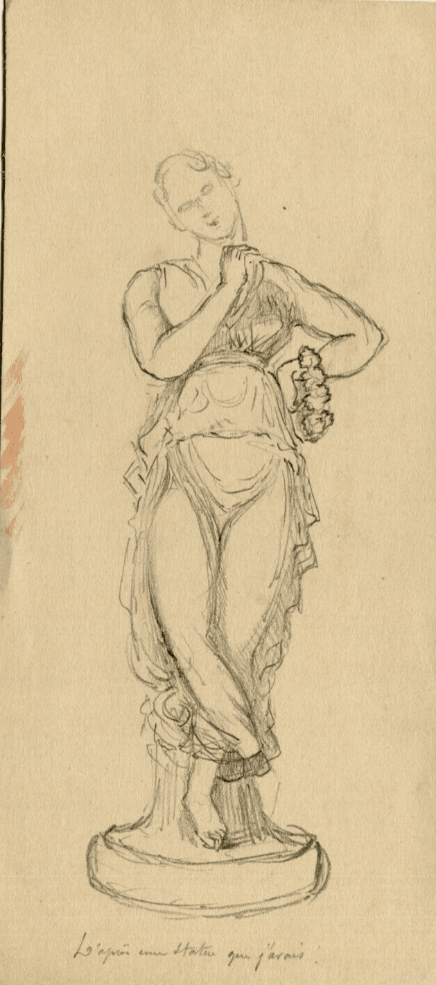 Antique Drawing Original Woman Statue Portrait