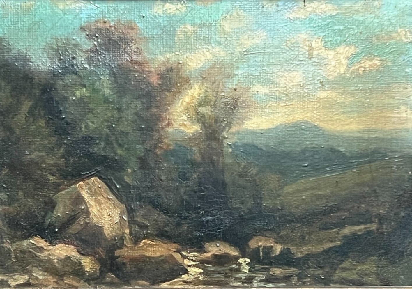 Antique Painting Original Landscape, River , Forest, Trees 19th century Framed