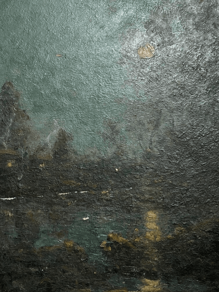 Antique Oil Painting Original Landscape, River, Trees, Forest, Moon, Night