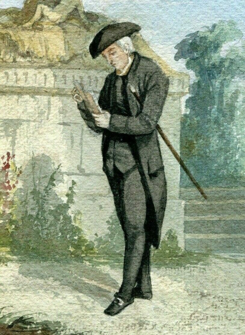 Vintage Drawing Original Italian Man Dressed with a Hat, Cane, Portrait Artwork
