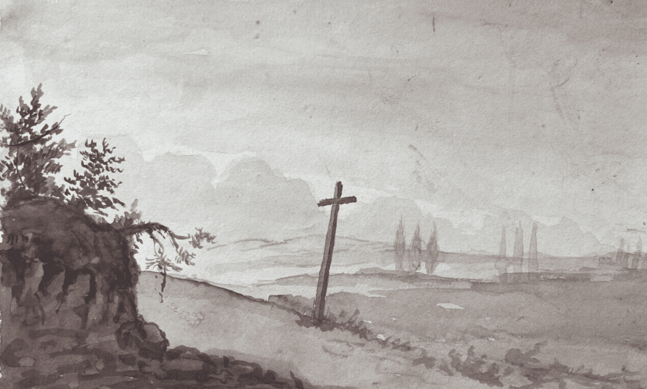 Antique Original Drawing, Landscape, Cross, Trees, Forest 19th century