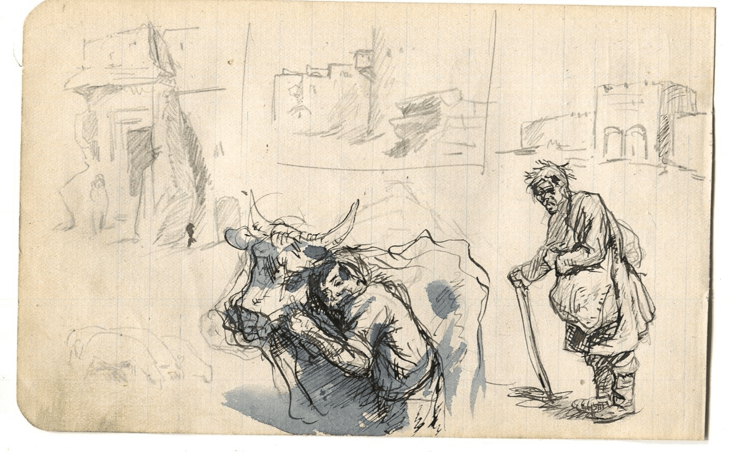 Vintage Ink Original Drawing People, Cow, Genre Scene Artwork image 2