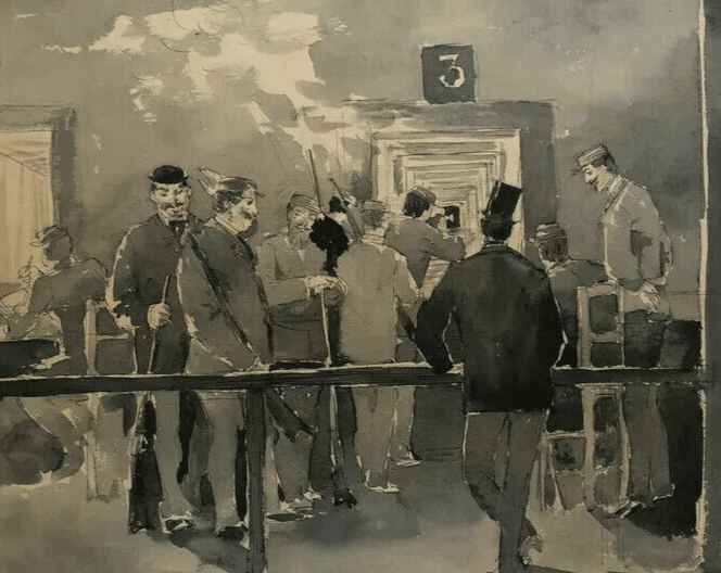 Vintage Ink Drawing 19th century Original Shooting Range, Rifle Artwork
