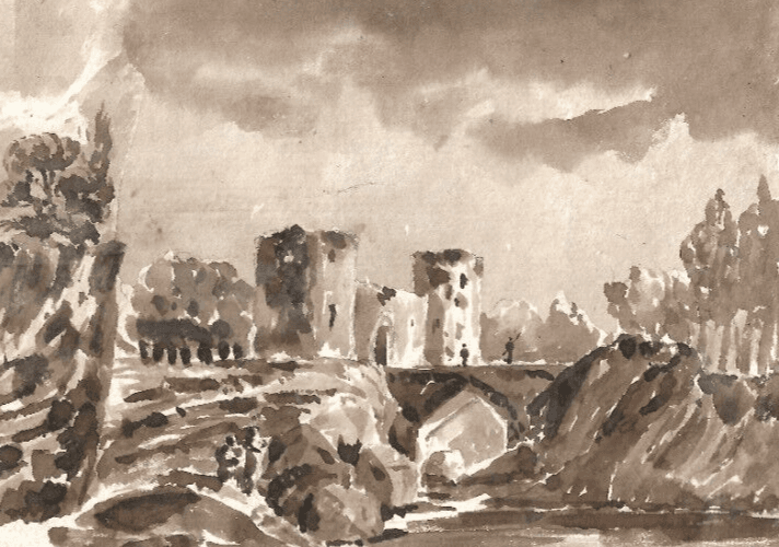 Antique Ink Drawing 19th century Landscape, People, Bridge, Tree, Cityscape image 5