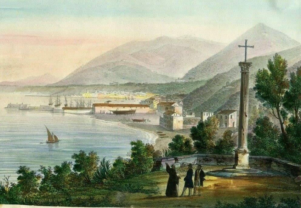 Antique Print 19th century Bay View Landscape, People, Cityview
