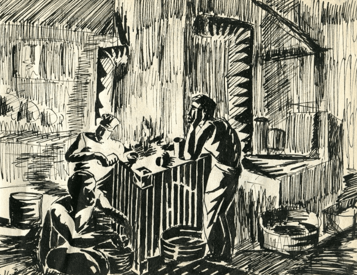 Vintage Ink Drawing Original Men Working and Drinking