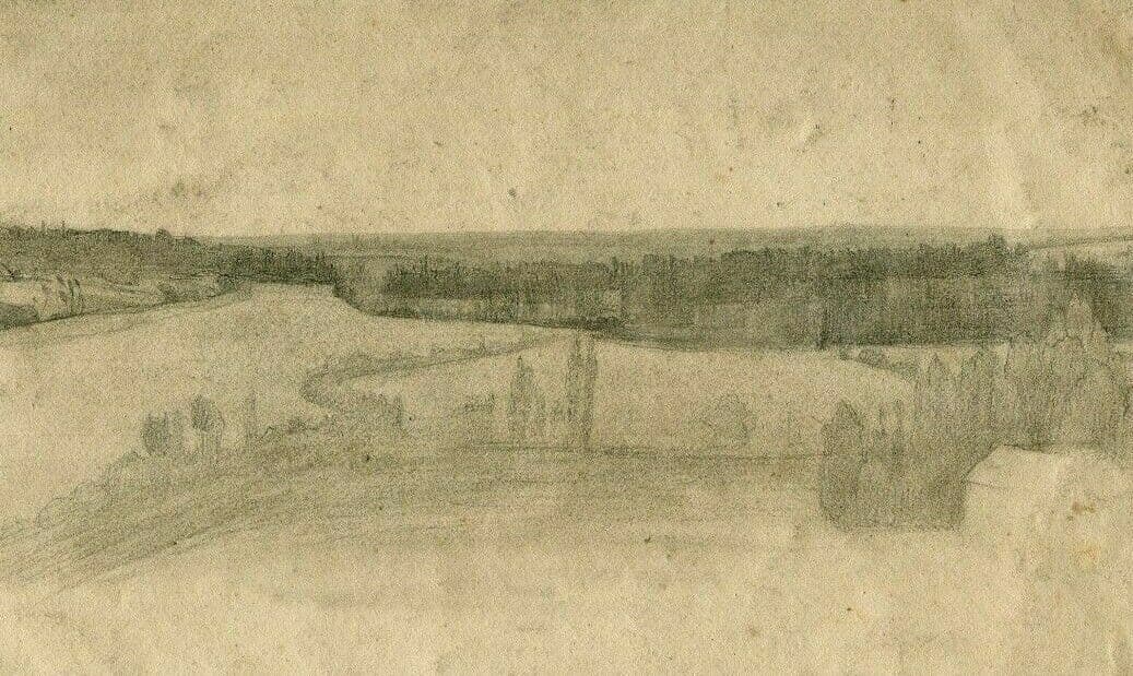 Antique Pencil Drawing 19th century of a Countryside Landscape