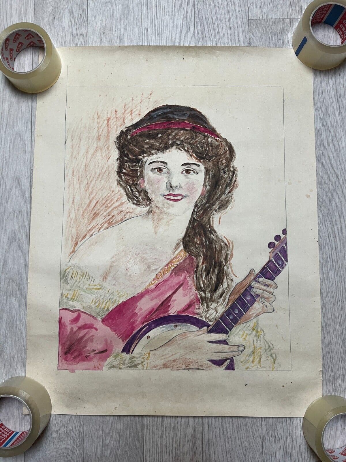 Antique Original Drawing Woman, Portrait, Music, Mandolin, Guitar