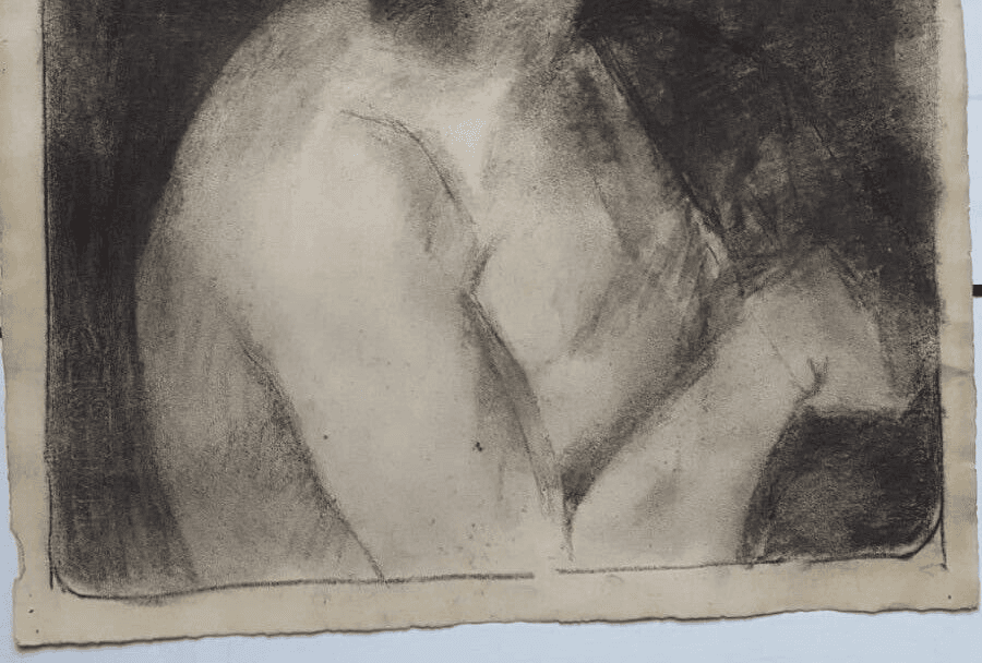 Antique Drawing Pencil Chalk Nude Woman Portrait Profil image 3