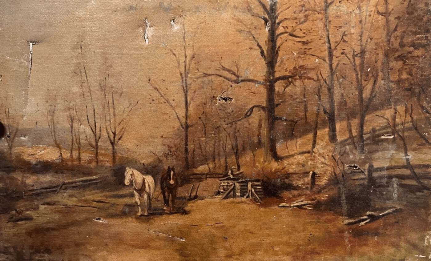 Antique Painting Oil on canvas 19th century Forest Landscape with Horse