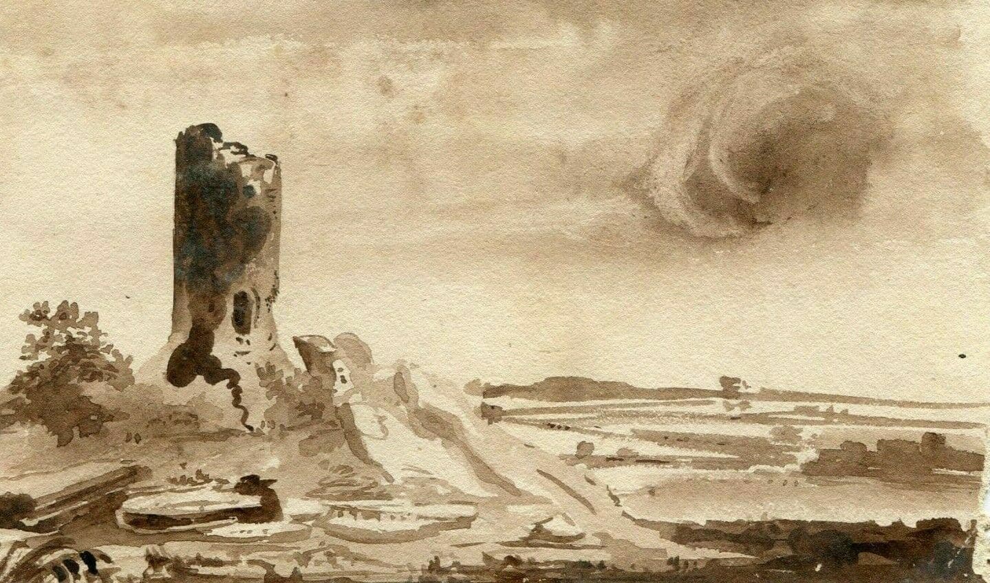 Antique Ink Drawing Original 19th century Castle Landscape Artwork