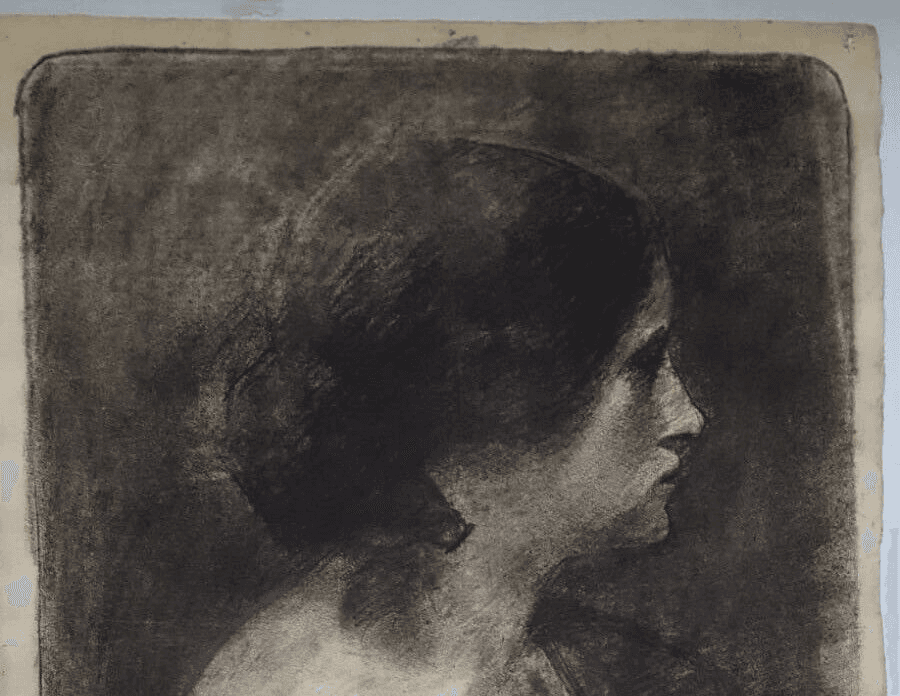 Antique Drawing Pencil Chalk Nude Woman Portrait Profil image 2