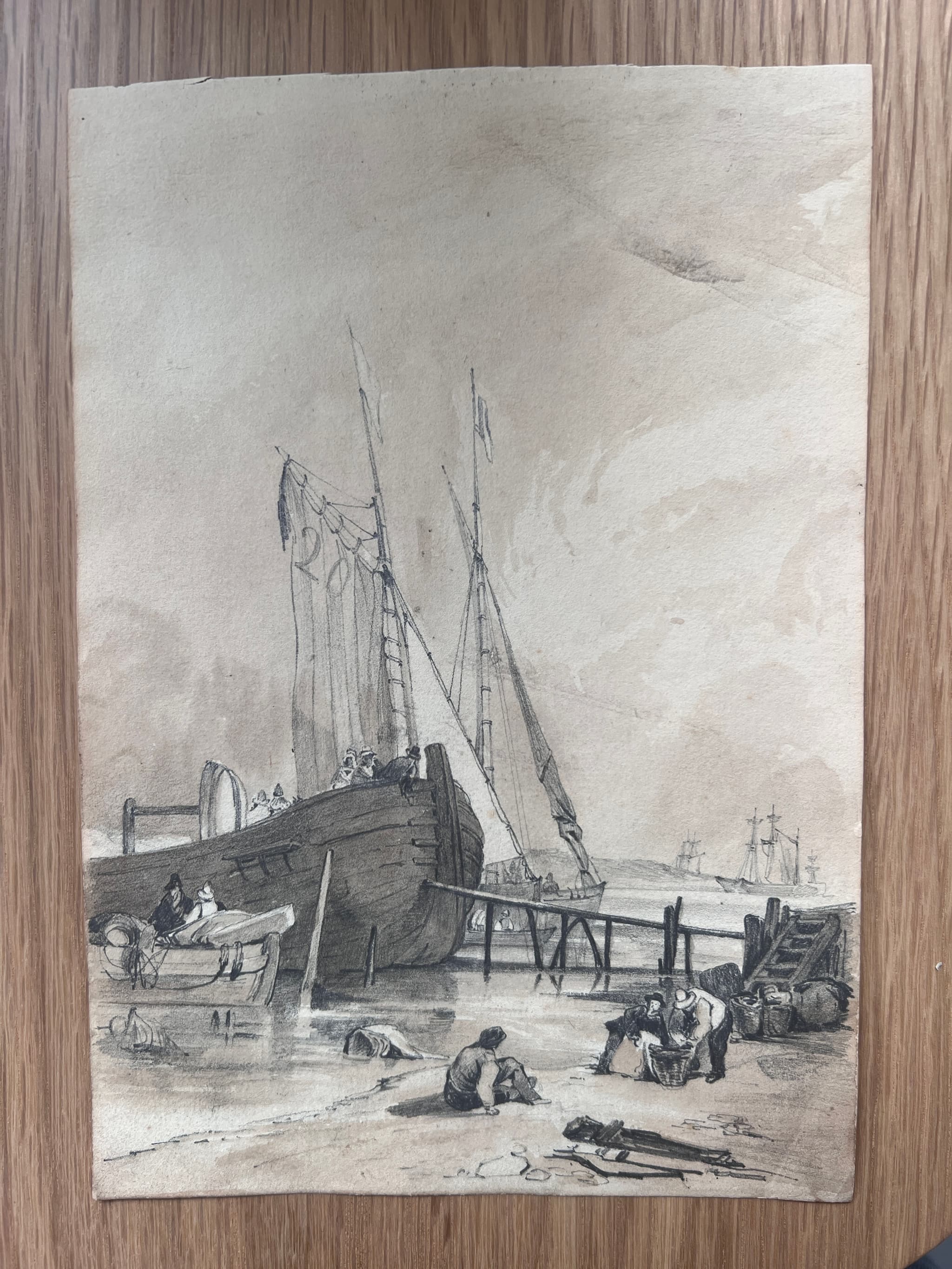 Maritime Landscape People and Boat 19th century Drawing image 2