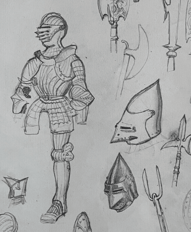 Antique Original Drawing 19th century Knight Portrait Armor Sketches image 1