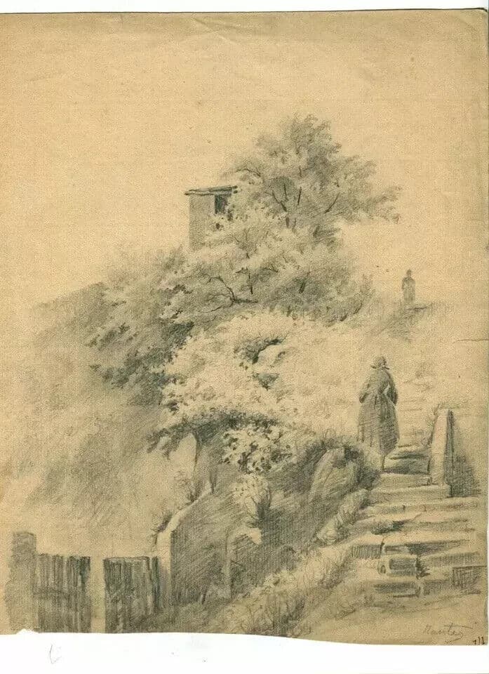 Vintage Pencil Original Drawing House, Trees, Landscape, People image 5