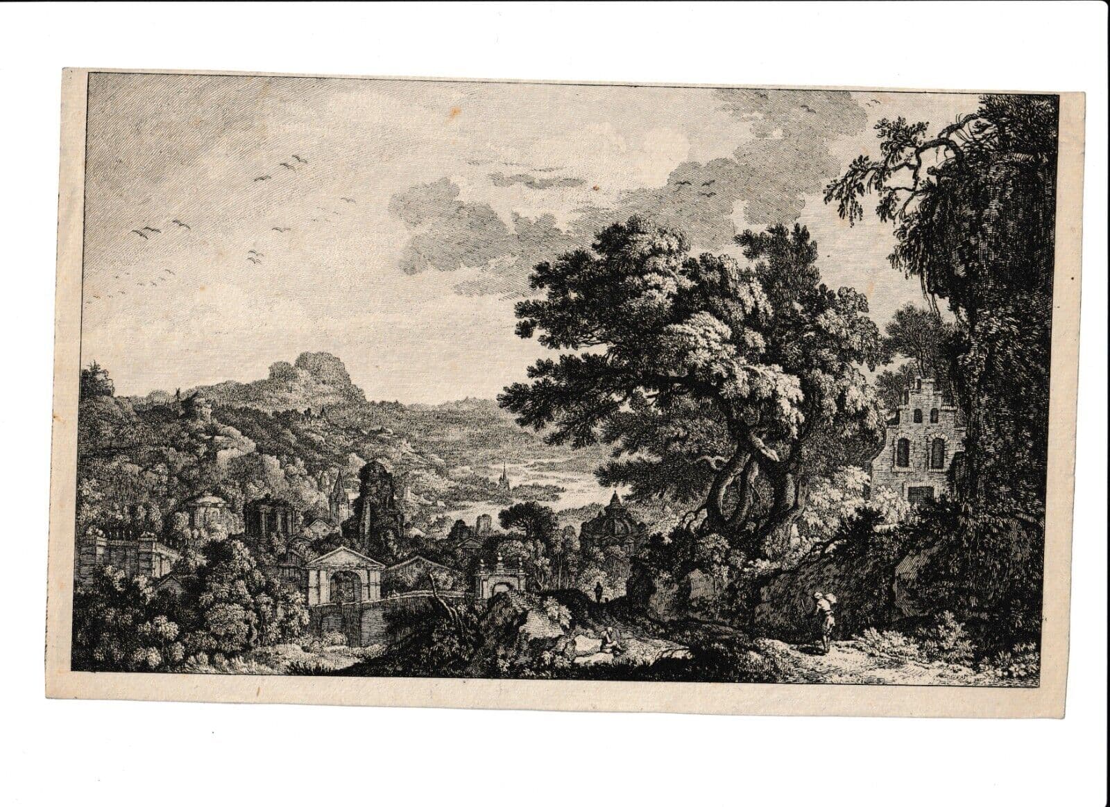 Antique Original Etching Landscape, Forest, Mountain, Trees, Cityview image 7