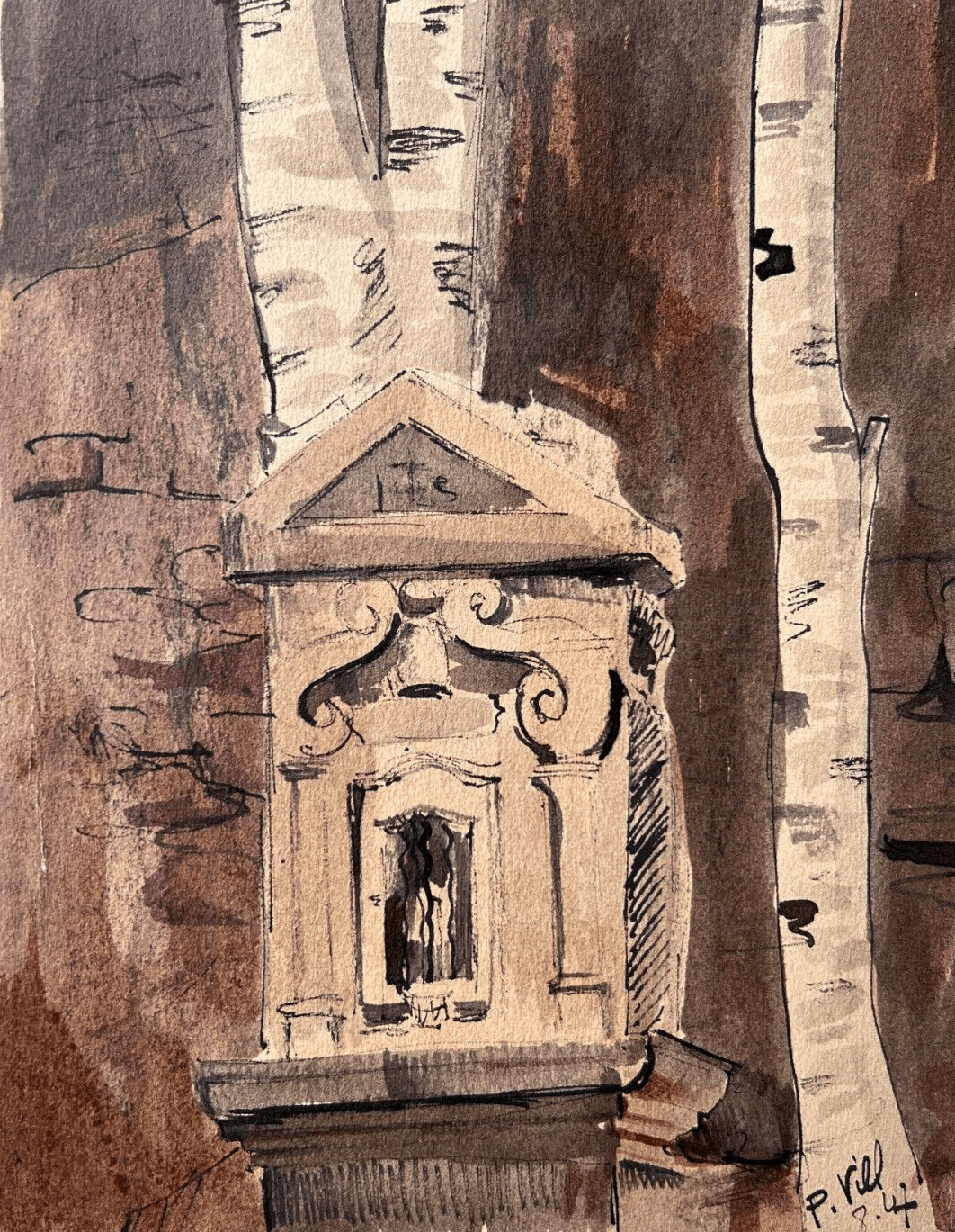 Antique Drawing Original Architecture, Religious signed 1947 Architectural