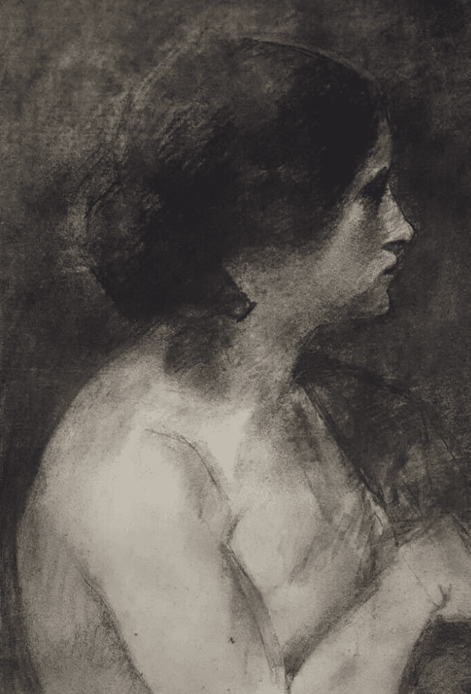 Antique Drawing Pencil Chalk Nude Woman Portrait Profil