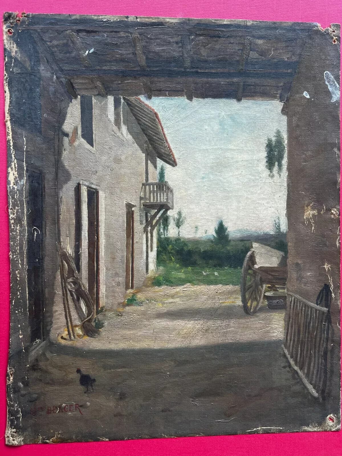 Antique Oil Painting Signed Original Landscape, Farm, House Artwork French image 8