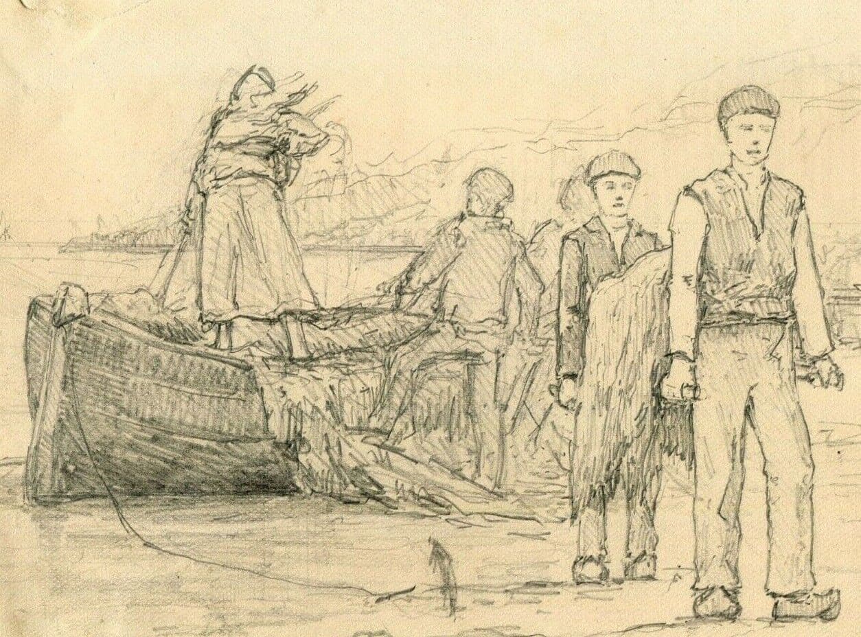 Vintage Pencil Drawing 19th century Maritime Figures and Boat, Dikeos Collection