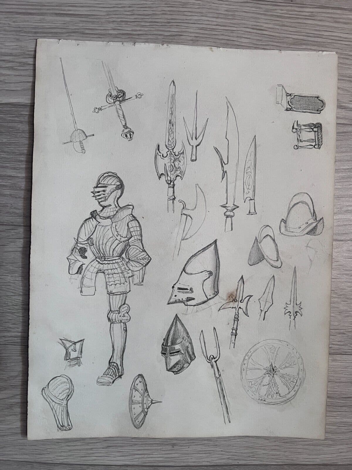 Antique Original Drawing 19th century Knight Portrait Armor Sketches image 5
