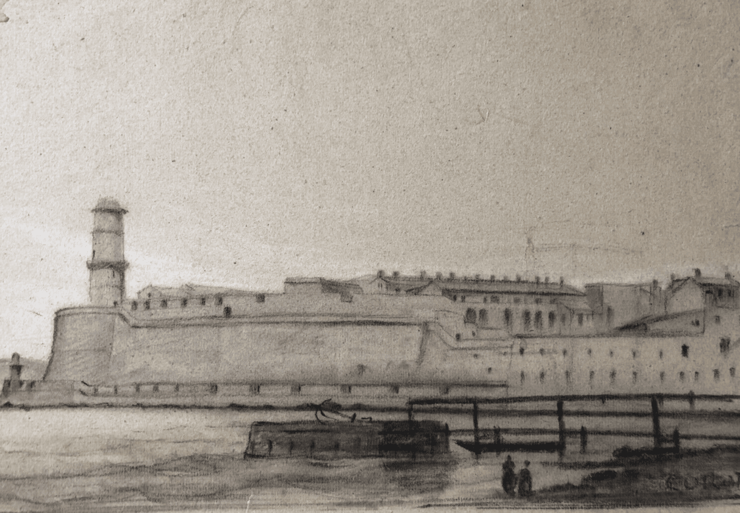Antique Chacoral Drawing Original Maritime Port Landscape signed 19th century image 1