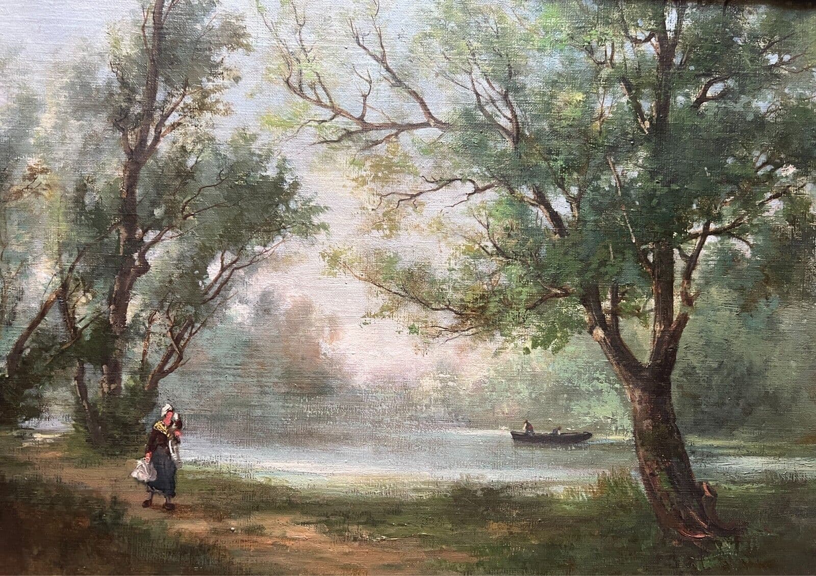 Antique Original Painting Landscape, Woman, Trees, Lake Jules CAYLA (XIX-XX)
