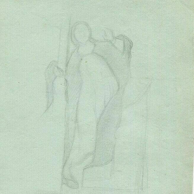 Antique Pencil Drawing 19th century of a Sainte, Religious Figure