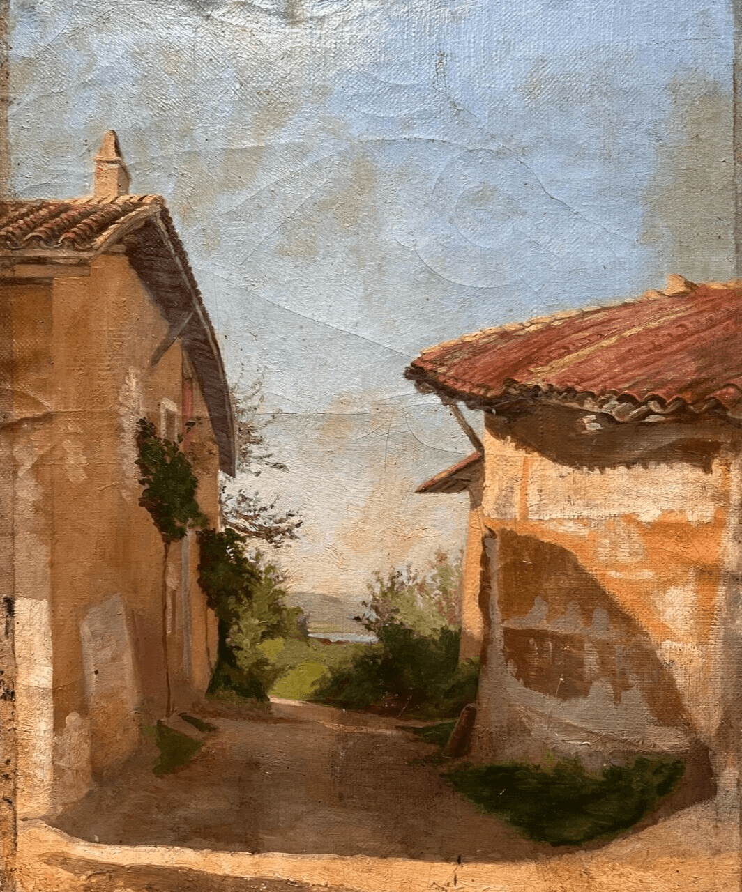Antique Oil Painting Signed Antoine FLACHAT (XIX) House Landscape