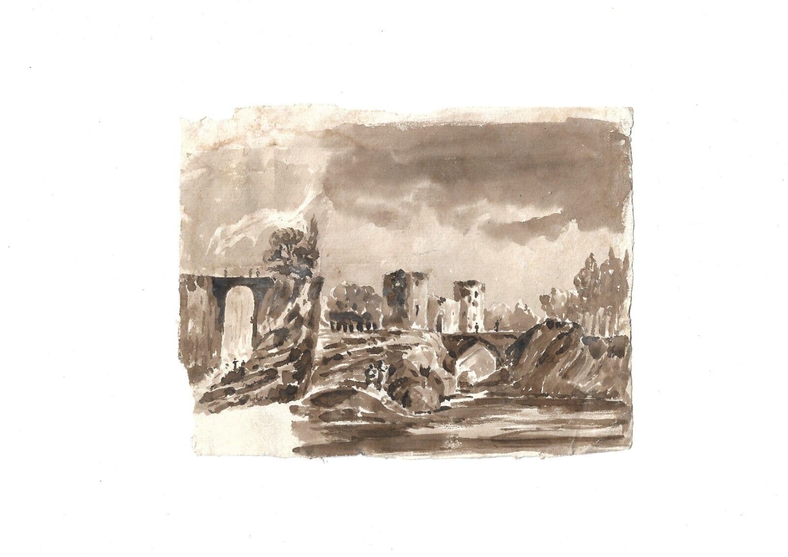 Antique Ink Drawing 19th century Landscape, People, Bridge, Tree, Cityscape image 6