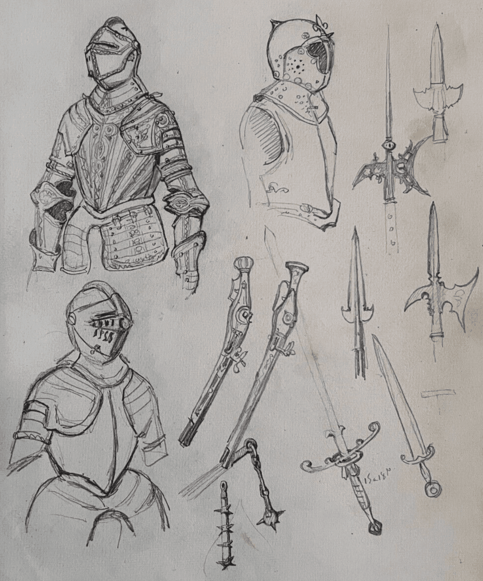 Antique Original Drawing 19th century Knight Portrait, Swords Sketches