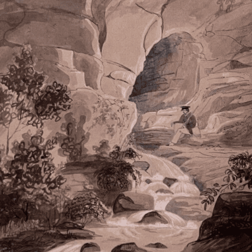 Antique Ink Drawing Original 19th century Man in Landscape 1837