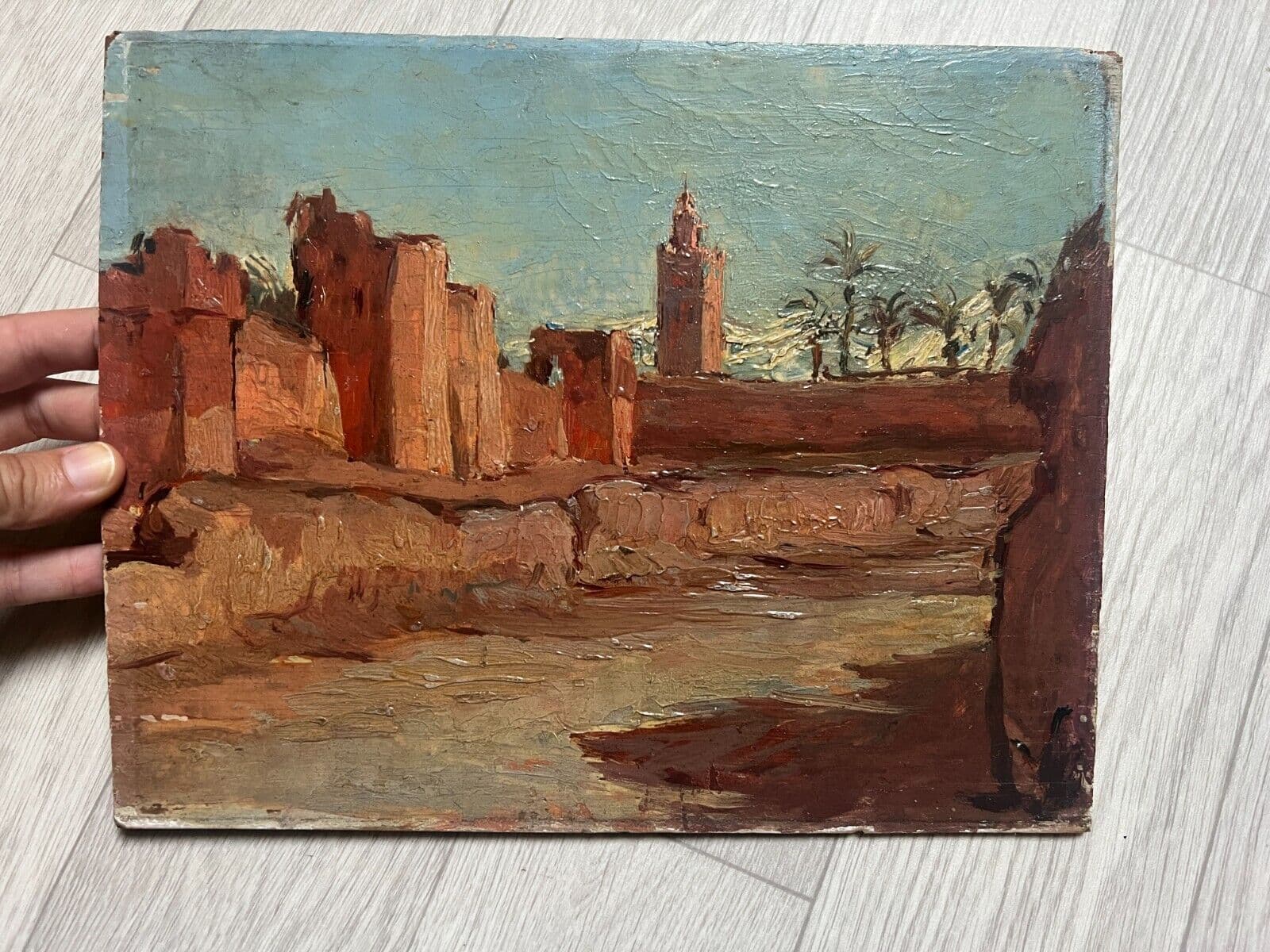 Antique Painting Original Landscape, Koutoubia Mosque in Marrakesh, Morocco image 5