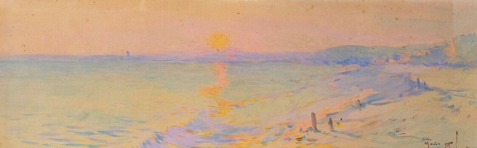 Vintage Drawing signed Marius ROBERT (1885-1966) Sunset Landscape by the Sea