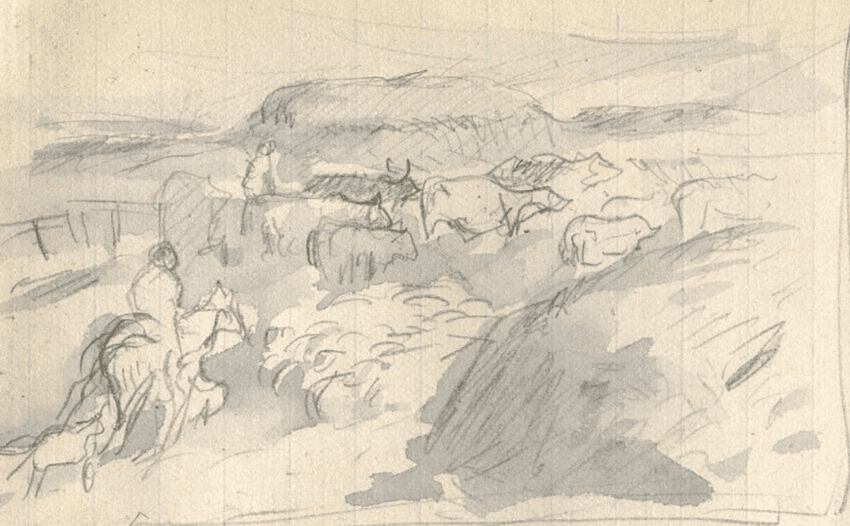 Vintage Pencil Ink Drawing Original Hay, House, Landscape, Cow, Horse Figure